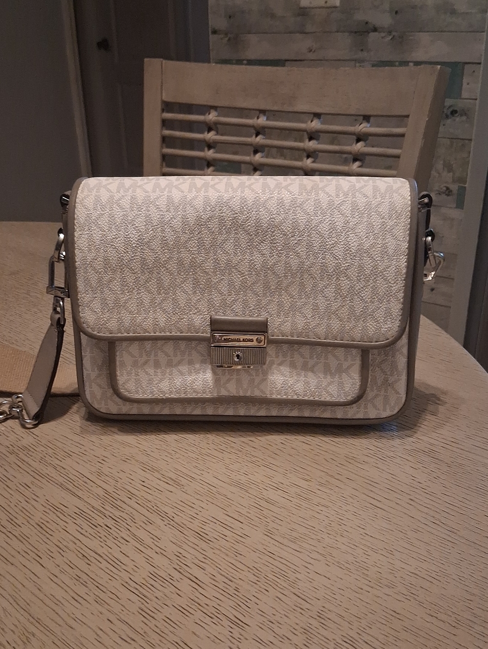 Michael Kors Cream Logo-Print Crossbody Bag with Silver Hardware